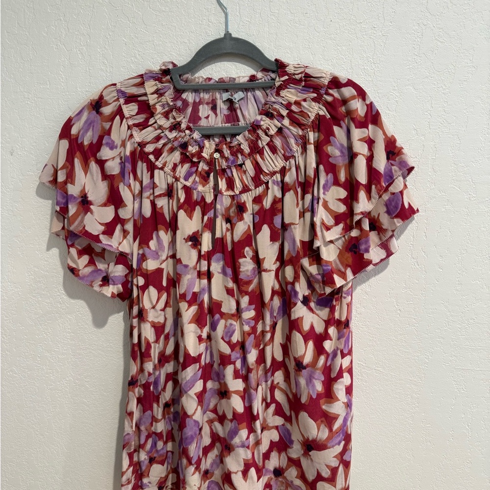 Rails Burgundy and Cream Floral Ruffle-Neck Blouse with Lavender Accents